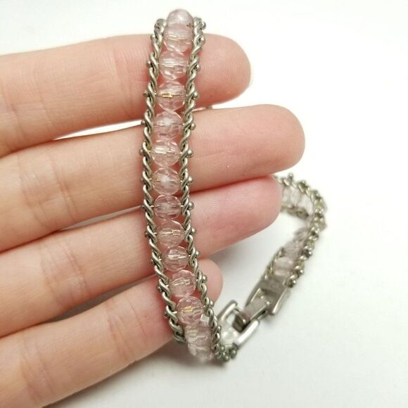 Vintage Light Pink Beaded and Silver Tone Bangle Bracelet, Stacking Estate - Picture 1 of 6